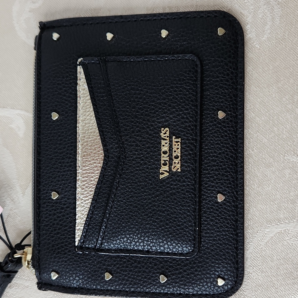 Victoria's Secret small wristlet key holder coin purse black gold heart studded - Picture 5 of 5
